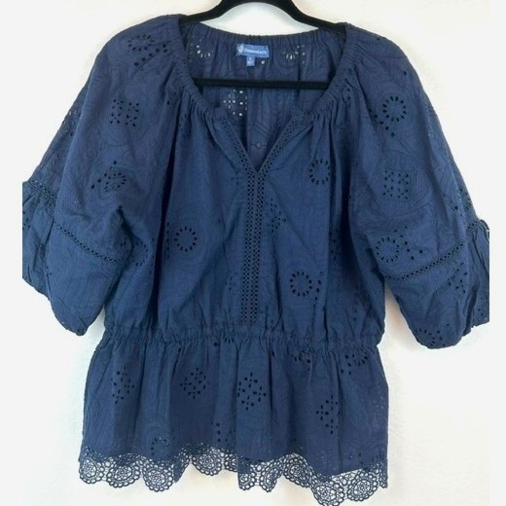 Democracy Boho Eyelet Blouse Navy Blue Embroidered Peplum Women Large